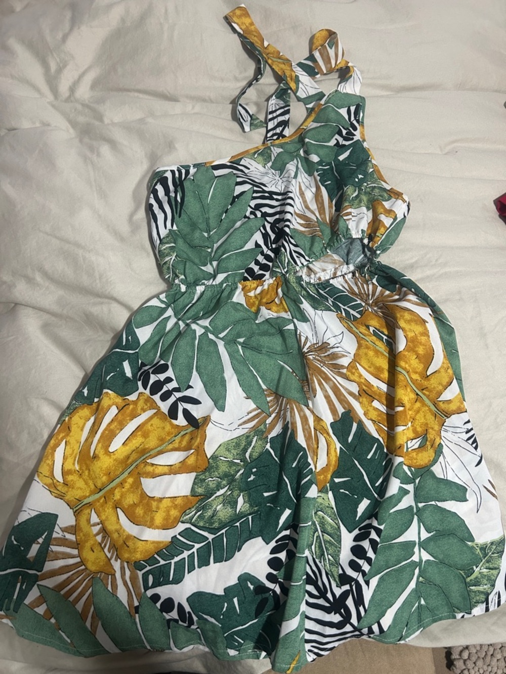 Tropical Leaf Print Sundress in Green & Mustard